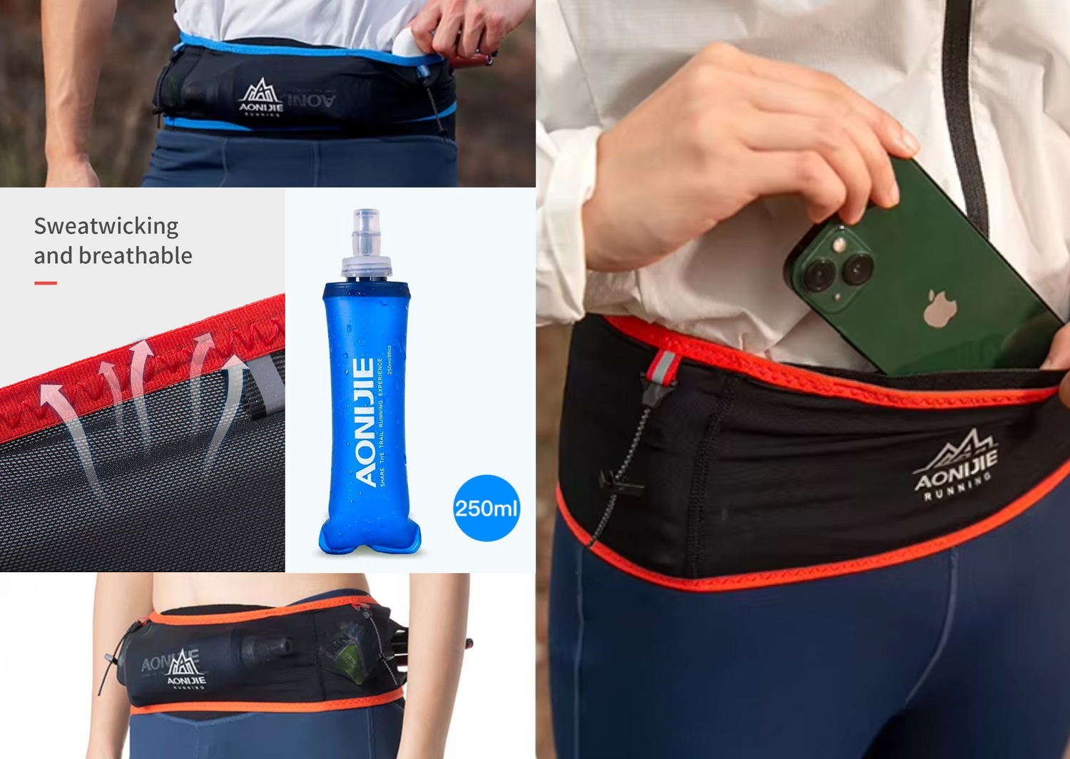 Collage showing details and use of minimalist running belt